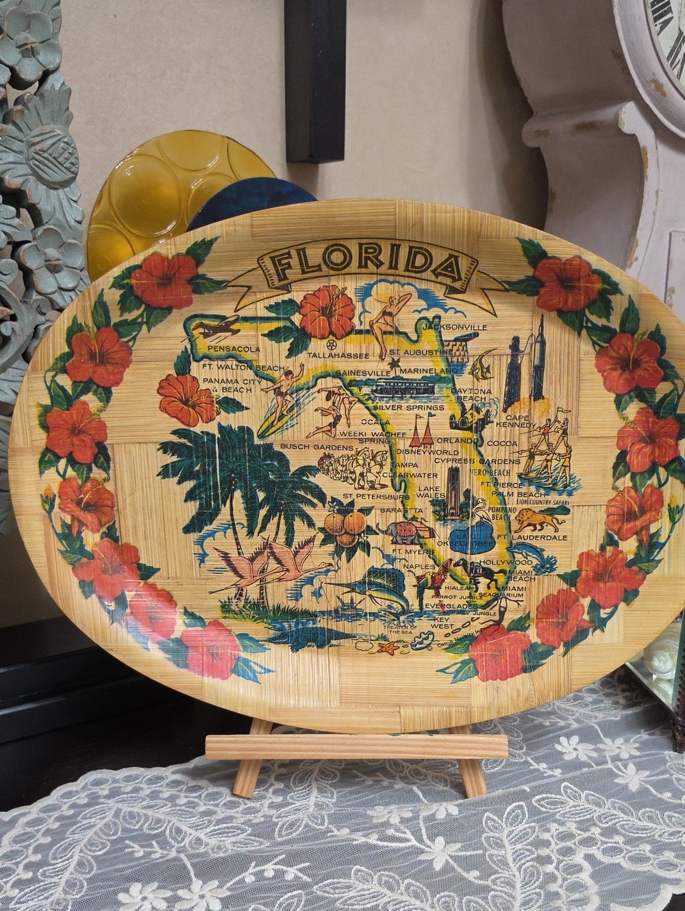 Vtg 1970 Florida Vintage Map Server Teay in Yellow and Blue